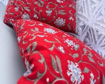 Handmade Red Floral Cushion Cover: Indian Block Print Cotton