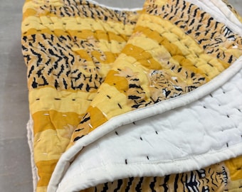 Handmade Indian Cotton Kantha Baby Quilt: Tiger Print Bedcover