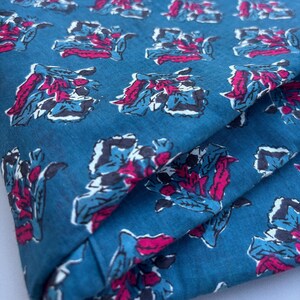 Floral Block Print Cotton Fabric: Blue Indian Fabric By The Yard