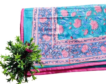 Queen Indian Dohar: Organic Cotton Floral Block Print Quilt
