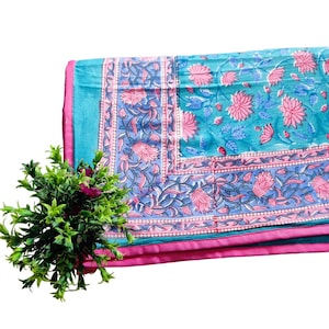 Queen Indian Dohar: Organic Cotton Floral Block Print Quilt