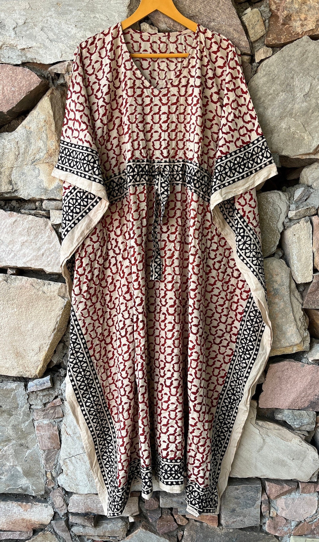 INDACORIFY Cotton Block Printed Long Caftan - Floral Print Beach Cover Up, Bikini Dress, Loose Fit Kaftan For Women