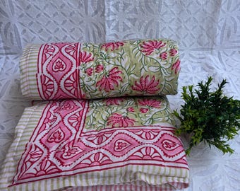Pink Lotus Baby Quilt: Cotton Block Print Blanket, Jaipuri Comforter