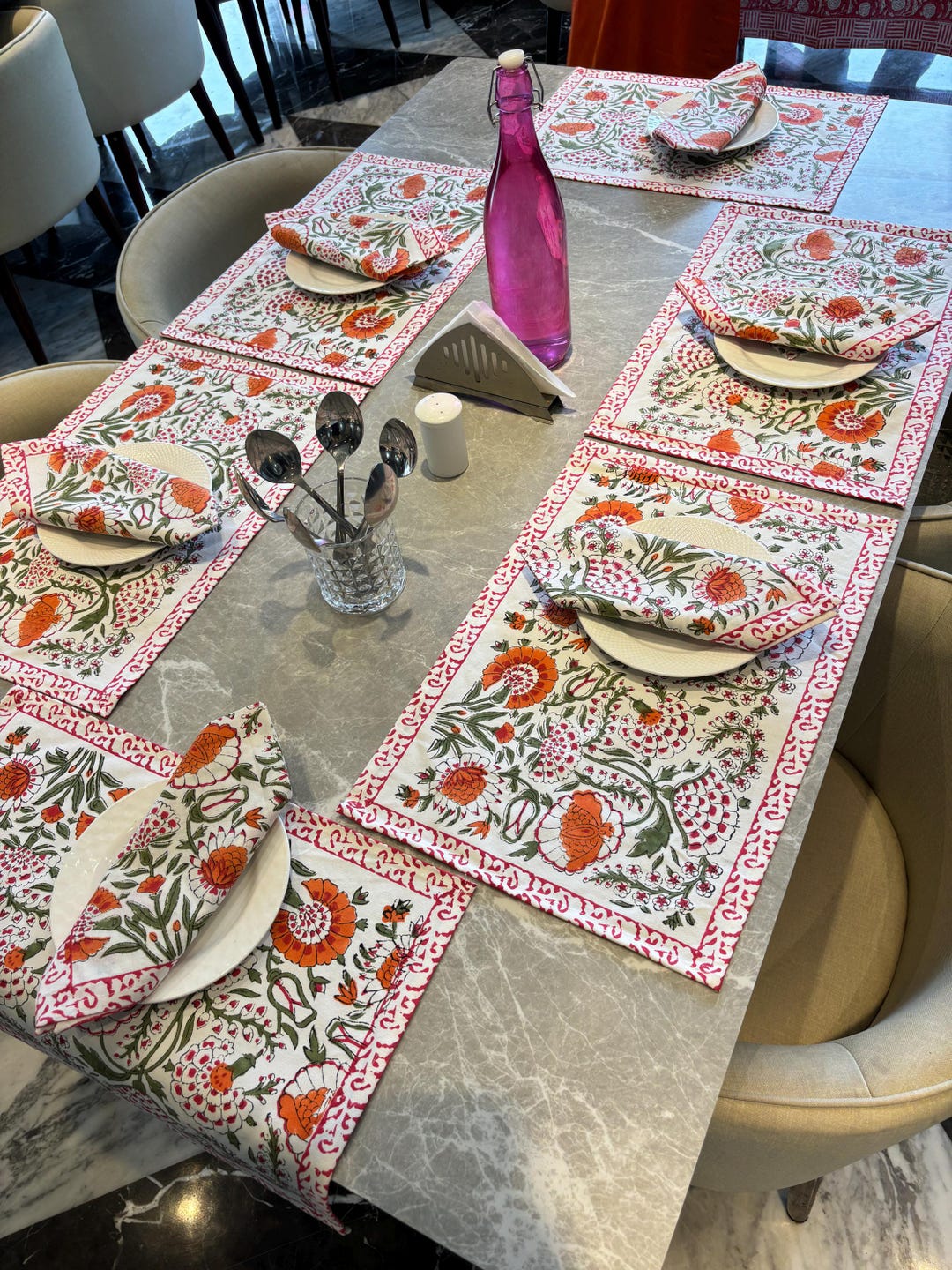 Hand Block Print Cotton Placemat & Napkin Set - Rainbow Floral, Set of 6 - Etsy