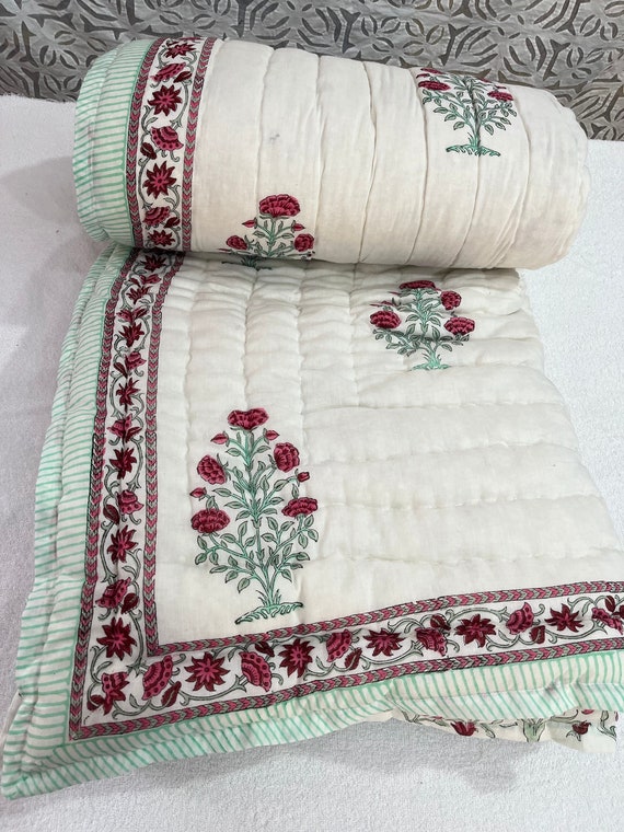 Hand Block Print Cotton Quilt: Floral Jaipuri Razai Blanket