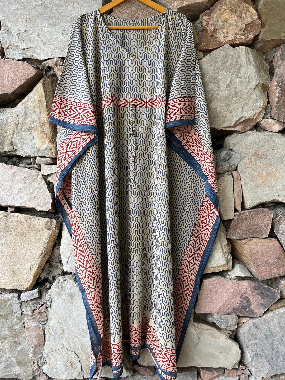 Black - Bagru Dabu Block Print Cotton Kaftan Dress (Medium)