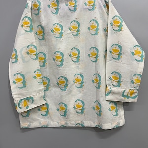 White with Blue Doraemon V-Neck Button Printed Night Suit