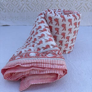 Jaipuri Rabbit Print Quilt: Hand Block Printed Cotton Bedspread Blanket,