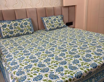 Handblockdruck-Baumwollbettlaken: Blaue Queensize-Bettwäsche mit Kissenbezug