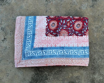 Hand Block Print Cotton Dohar: Reversible Floral Indian Quilt