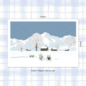 Cartão postal de estilo minimalista com paisagem de coleção de neve, cartão postal lo-fi, cartão postal de decoração para casa, cartão postal artístico, cartão postal estético