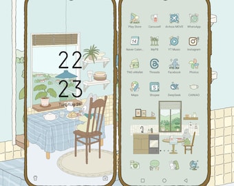 Cozy morning breakfast phone theme, green wallpaper, Cute App Icons, Cute Widget Icons, blue muted aesthetic Icons, iOS Android app icons