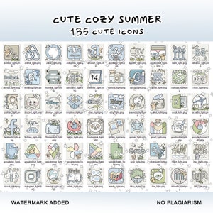 May include: A grid of 135 colorful icons representing popular apps and websites. The icons are drawn in a cute, cartoon style with pastel colors and simple outlines. The icons are arranged in a grid with a light blue background and white stars.