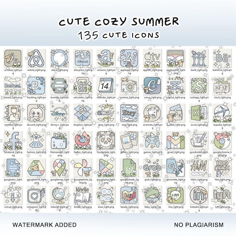 May include: A grid of 135 colorful icons representing popular apps and websites. The icons are drawn in a cute, cartoon style with pastel colors and simple outlines. The icons are arranged in a grid with a light blue background and white stars.