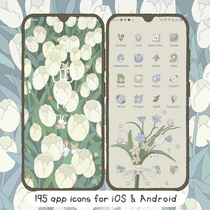 Puede incluir: Dos pantallas de smartphone que muestran una interfaz personalizada con un tema floral de tulipanes en verde suave y blanco. La pantalla izquierda muestra un bloqueo con personajes animados, mientras la derecha tiene iconos de aplicaciones.