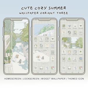 May include: A phone screen mockup with a cute, cozy summer themed wallpaper. The wallpaper features a light blue sky, green trees, and a path leading to a house. The phone screen is divided into a grid with various app icons, including Instagram, Facebook, and Pinterest. The text "CUTE COZY SUMMER WALLPAPER VARIANT THREE" is displayed at the top of the image.