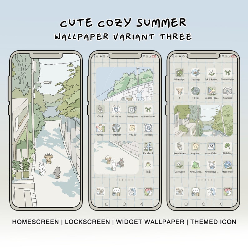May include: A phone screen mockup with a cute, cozy summer themed wallpaper. The wallpaper features a light blue sky, green trees, and a path leading to a house. The phone screen is divided into a grid with various app icons, including Instagram, Facebook, and Pinterest. The text "CUTE COZY SUMMER WALLPAPER VARIANT THREE" is displayed at the top of the image.
