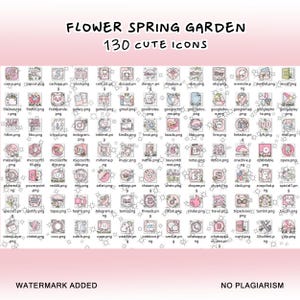 May include: A collection of 130 cute icons featuring various app logos and symbols. The icons are designed in a pastel pink and white color scheme with floral accents. The text "FLOWER SPRING GARDEN" and "130 CUTE ICONS" is displayed at the top of the image.
