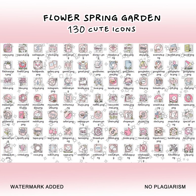 May include: A collection of 130 cute icons featuring various app logos and symbols. The icons are designed in a pastel pink and white color scheme with floral accents. The text "FLOWER SPRING GARDEN" and "130 CUTE ICONS" is displayed at the top of the image.