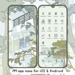 May include: Two smartphones displaying a nature-themed home screen with app icons. The background features a building with bunny illustrations. The text "194 app icons for iOS & Android" is at the bottom. The overall color scheme is green and white.