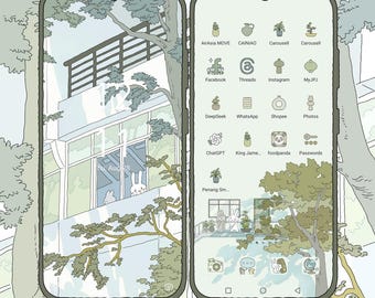 Serene apartment view phone theme, green wallpaper, Cute App Icons, Cute Widget Icons, green muted aesthetic Icons, iOS Android app icons
