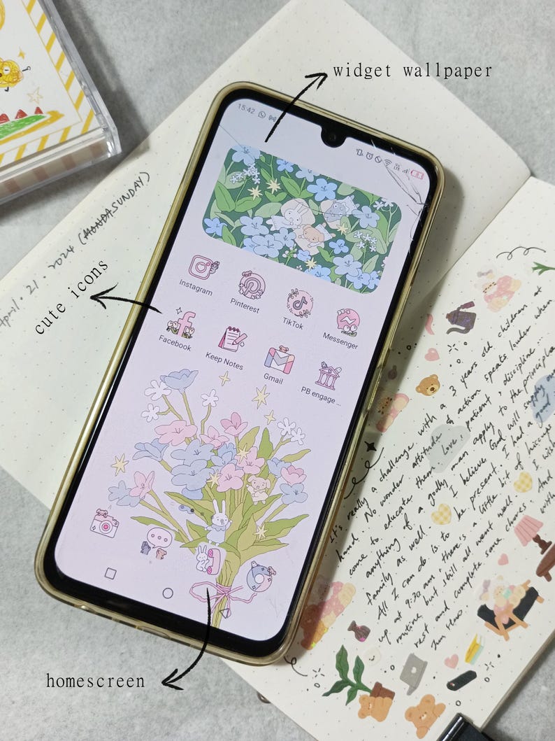May include: A smartphone with a floral wallpaper and a cracked screen. The home screen has icons for Facebook, Instagram, Pinterest, TikTok, Messenger, Keep Notes, Gmail, and PB engage. The text "April 21, 2024 (MONDASUNDAY)" and "cute icons" are written on the screen. The text "homescreen" and "widget wallpaper" are written on the background.