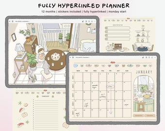 May include: A digital planner with a cute cartoon illustration of a rabbit baking a cake. The planner includes a checklist, a calendar, and a section for goals. The calendar is for January and has a Monday start.