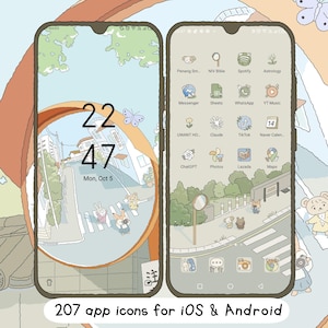 Può includere: Due schermi di smartphone che mostrano un tema di interfaccia personalizzato con colori pastello tenui, con personaggi animali illustrati, uno sfondo di strada e icone di app. Il testo 207 app icons for iOS & Android è visibile in basso.