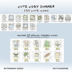 May include: A digital illustration of 135 cute icons for use as app icons or widgets. The icons are in a light blue, green, and white color scheme and feature a variety of designs, including animals, food, and everyday objects. The image also includes 10 special themed icons.