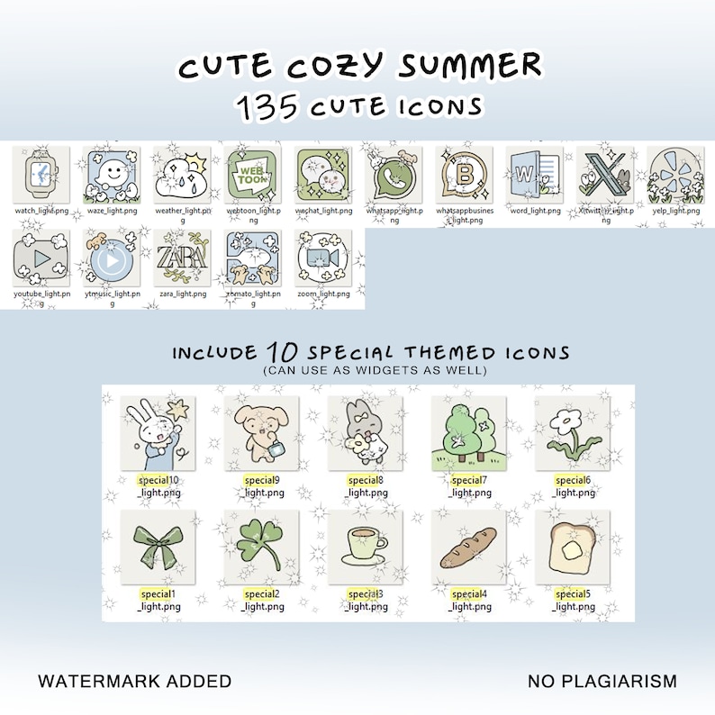 May include: A digital illustration of 135 cute icons for use as app icons or widgets. The icons are in a light blue, green, and white color scheme and feature a variety of designs, including animals, food, and everyday objects. The image also includes 10 special themed icons.