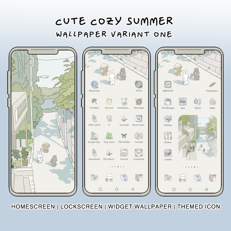 May include: A stylized illustration of a phone screen with a cute summer-themed wallpaper. The wallpaper features a light blue sky, a path lined with trees, and two cartoon animals walking along the path. The phone screen also shows a variety of app icons, including Messenger, TikTok, Webtoon, and more.