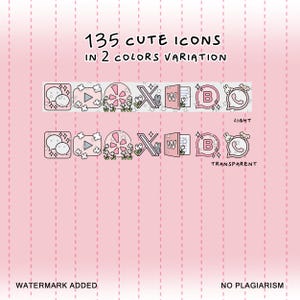 May include: A set of 135 cute icons in two color variations: light and transparent. The icons are in a pink and white color scheme and feature various designs, including speech bubbles, play buttons, stars, and letters.