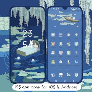 Pode incluir: Um conjunto digital de 195 ícones de aplicativos para iOS e Android com uma estética em tons de azul. A tela mostra uma interface de telefone com um fundo de lagoa, uma cama com um personagem e ícones personalizados para aplicativos.