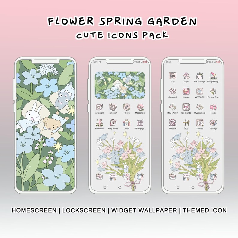 May include: A phone screen mockup with a floral spring garden theme. The background is a green and blue floral pattern with a bouquet of flowers in the center. The phone screen shows a variety of app icons with cute cartoon characters. The text "FLOWER SPRING GARDEN CUTE ICONS PACK" is at the top of the image. The text "HOMESCREEN | LOCKSCREEN | WIDGET WALLPAPER | THEMED ICON" is at the bottom of the image.
