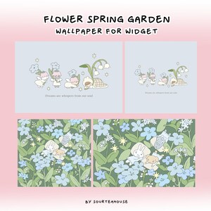 May include: A digital illustration of a spring garden scene with blue forget-me-not flowers, white lily of the valley flowers, and a sleeping bunny and dog. The text "Dreams are whispers from our soul" is at the bottom of the image.