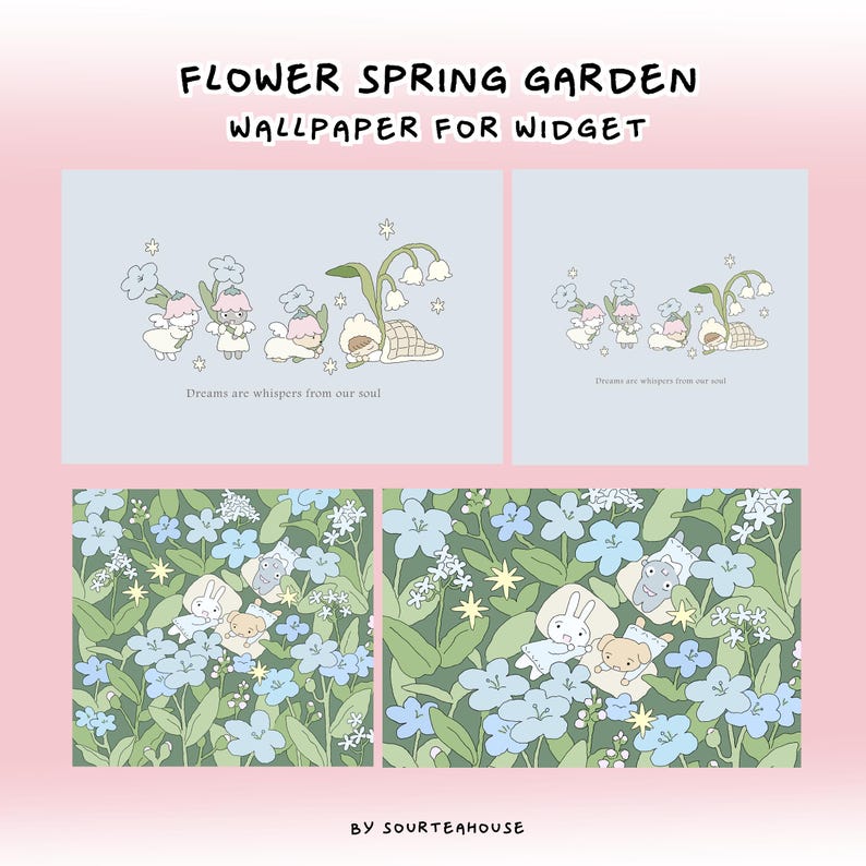 May include: A digital illustration of a spring garden scene with blue forget-me-not flowers, white lily of the valley flowers, and a sleeping bunny and dog. The text "Dreams are whispers from our soul" is at the bottom of the image.