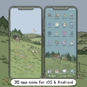 Green Hill Cottage Icon Set, Green Icon Pack, Aesthetic iOS Homescreen, Cute App Icons , Kawaii Widget Icons, iPhone and Android phone theme