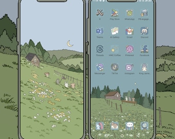 Green Hill Cottage Icon Set, Green Icon Pack, Aesthetic iOS Homescreen, Cute App Icons , Kawaii Widget Icons, iPhone and Android phone theme