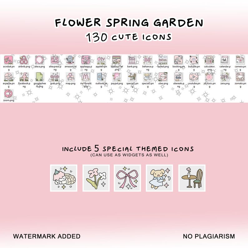 May include: A set of 130 cute icons featuring a variety of themes, including flowers, spring, and garden. The icons are in a cartoon style and are perfect for use in digital projects or as stickers. The image also includes five special themed icons that can be used as widgets.