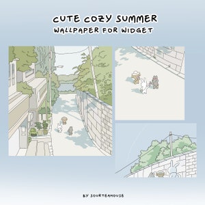 May include: A digital illustration of a cute summer scene with a brick wall, green trees, and a path. Three cartoon characters, a dog and two rabbits, are walking down the path. The text "Cute Cozy Summer Wallpaper for Widget" is at the top of the image.