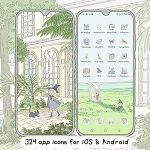 Witch and The black cat Icon Set, Cute Icons Pack, iPhone Theme, Cute App Icons, Cute Widget, Aesthetic pastel Icons, Custom Android Phone