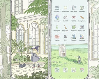 Heks en de zwarte kat-iconenset, leuk iconenpakket, iPhone-thema, leuke app-pictogrammen, schattige widget, esthetische pastelpictogrammen, aangepaste Android-telefoon