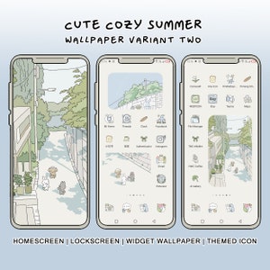 May include: A digital phone screen mockup with a cute, cozy summer theme. The wallpaper features a light blue and beige color scheme with a hand-drawn illustration of a street lined with trees and buildings. The phone screen is filled with app icons, including social media, messaging, and productivity apps. The icons are designed in a minimalist style with a light blue and beige color scheme. The text "CUTE COZY SUMMER WALLPAPER VARIANT TWO" is displayed at the top of the image.