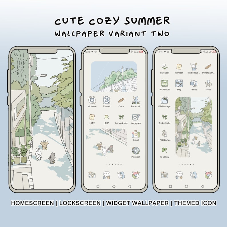 May include: A digital phone screen mockup with a cute, cozy summer theme. The wallpaper features a light blue and beige color scheme with a hand-drawn illustration of a street lined with trees and buildings. The phone screen is filled with app icons, including social media, messaging, and productivity apps. The icons are designed in a minimalist style with a light blue and beige color scheme. The text "CUTE COZY SUMMER WALLPAPER VARIANT TWO" is displayed at the top of the image.