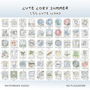 May include: A grid of 135 colorful icons representing popular apps and websites. Each icon is stylized with a cute, cartoon-like design, featuring elements like flowers, stars, and animals. The icons are arranged in a grid with a light blue background and a white border. The text "CUTE COZY SUMMER" and "135 CUTE ICONS" are at the top of the grid. The text "WATERMARK ADDED" is at the bottom left of the grid. The text "NO PLAGIARISM" is at the bottom right of the grid.
