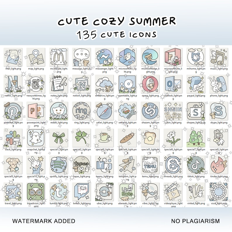 May include: A grid of 135 colorful icons representing popular apps and websites. Each icon is stylized with a cute, cartoon-like design, featuring elements like flowers, stars, and animals. The icons are arranged in a grid with a light blue background and a white border. The text "CUTE COZY SUMMER" and "135 CUTE ICONS" are at the top of the grid. The text "WATERMARK ADDED" is at the bottom left of the grid. The text "NO PLAGIARISM" is at the bottom right of the grid.