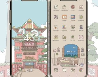 Conjunto de iconos de El viaje de Chihiro, tema de Ghibli para teléfono, icono minimalista, tema para iOS y Android, tema de color apagado para teléfono, icono de aplicación personalizado