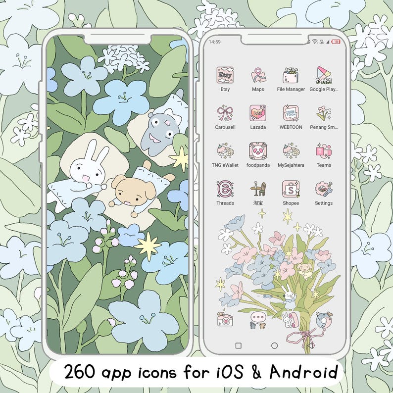 May include: A phone screen with a floral background and a grid of app icons. The icons are for popular apps like Etsy, Maps, File Manager, Google Play, Carousell, Lazada, WEBTOON, Penang Sm, TNG eWallet, foodpanda, MySejahtera, Teams, Threads, 淘宝, Shopee, and Settings. The text "260 app icons for iOS & Android" is at the bottom of the screen.