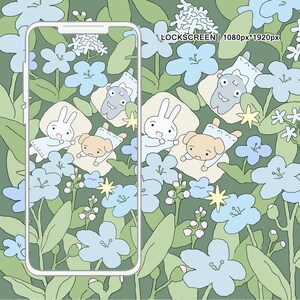 May include: A phone screen displaying a digital illustration of a green background with blue flowers and white rabbits and dogs sleeping on clouds. The text "LOCKSCREEN | 1080px*1920px" is at the top of the screen.