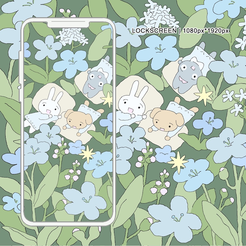 May include: A phone screen displaying a digital illustration of a green background with blue flowers and white rabbits and dogs sleeping on clouds. The text "LOCKSCREEN | 1080px*1920px" is at the top of the screen.
